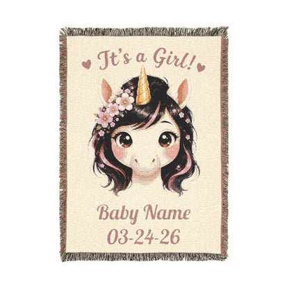 It's A Girl Personalize Name Date Unicorn Cotton Throw Blanket Jacquard Tapestry Woven USA Heirloom Keepsake