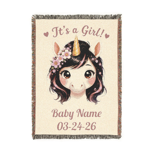 It's A Girl Personalize Name Date Unicorn Cotton Throw Blanket Jacquard Tapestry Woven USA Heirloom Keepsake