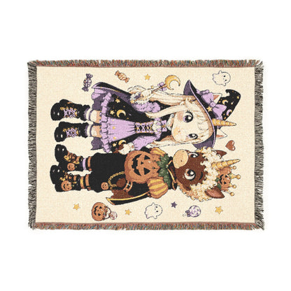 Halloween Couple Woven Blanket, Witch Pumpkin Costume Throw, Spooky Unicorn Decor