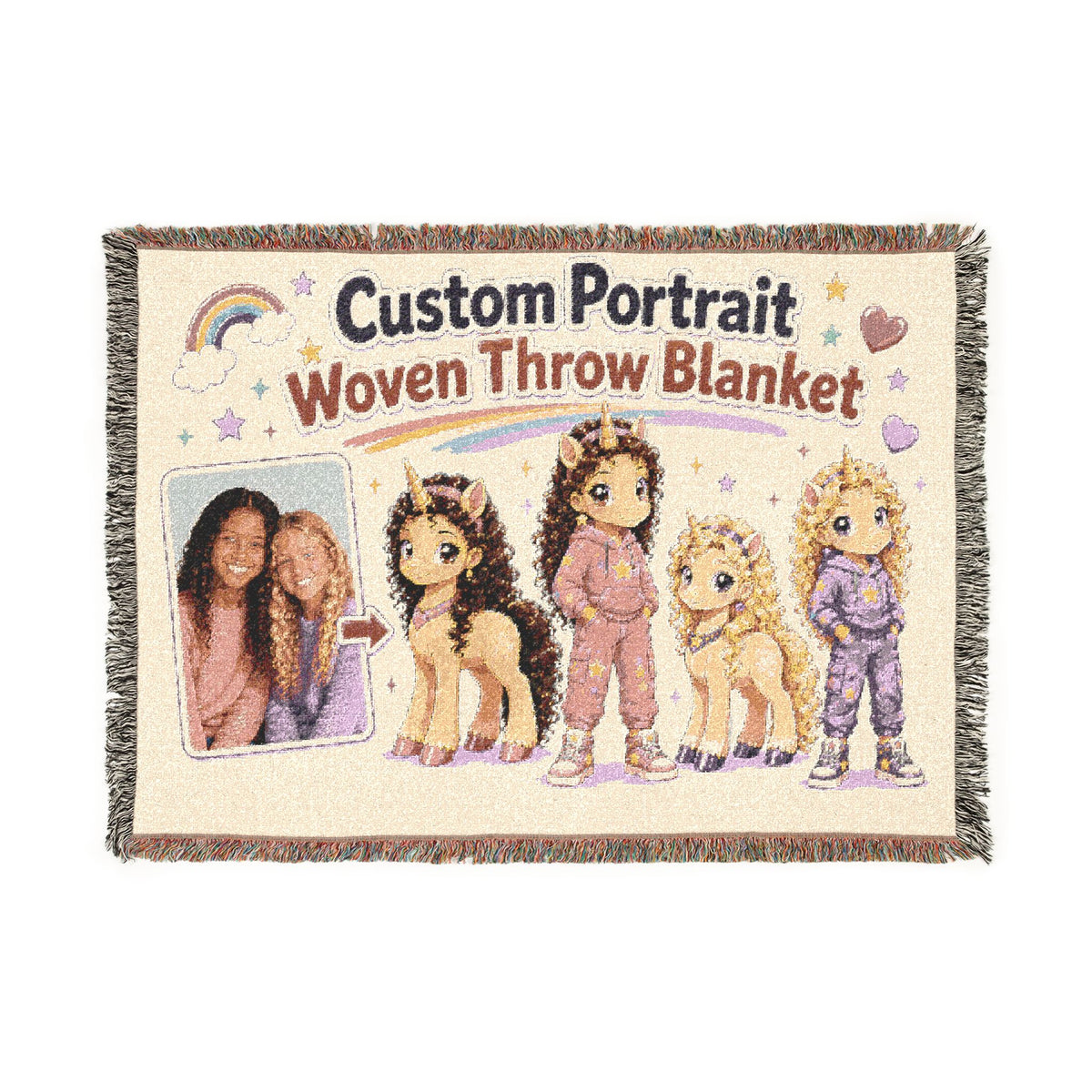 Custom Woven Portrait Art Blanket: Personalized Unicorn Tapestry Keepsake USA heirloom Quality
