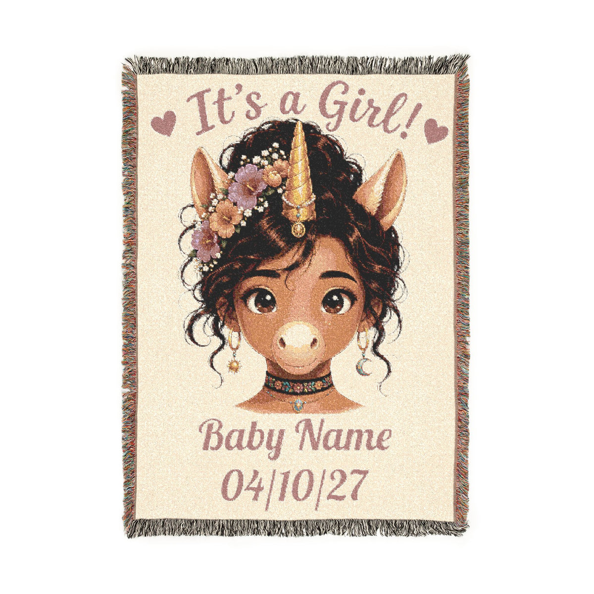 Its a Girl Unicorn Blanket, Personalized Baby Girl Woven Throw, Baby Shower Gift, Newborn Girl Gift, Floral Nursery Keepsake