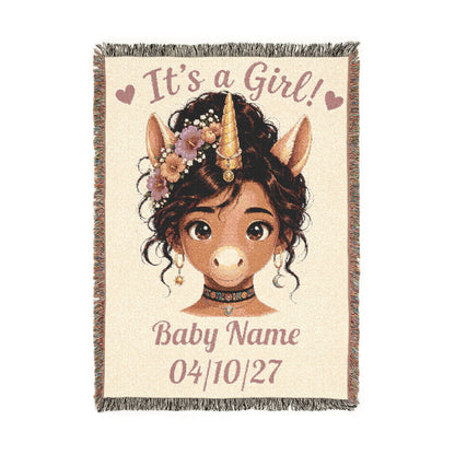 Its a Girl Unicorn Blanket, Personalized Baby Girl Woven Throw, Baby Shower Gift, Newborn Girl Gift, Floral Nursery Keepsake