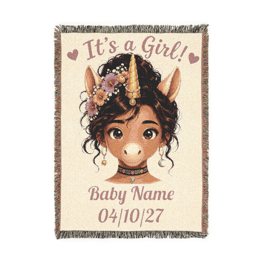 Its a Girl Unicorn Blanket, Personalized Baby Girl Woven Throw, Baby Shower Gift, Newborn Girl Gift, Floral Nursery Keepsake