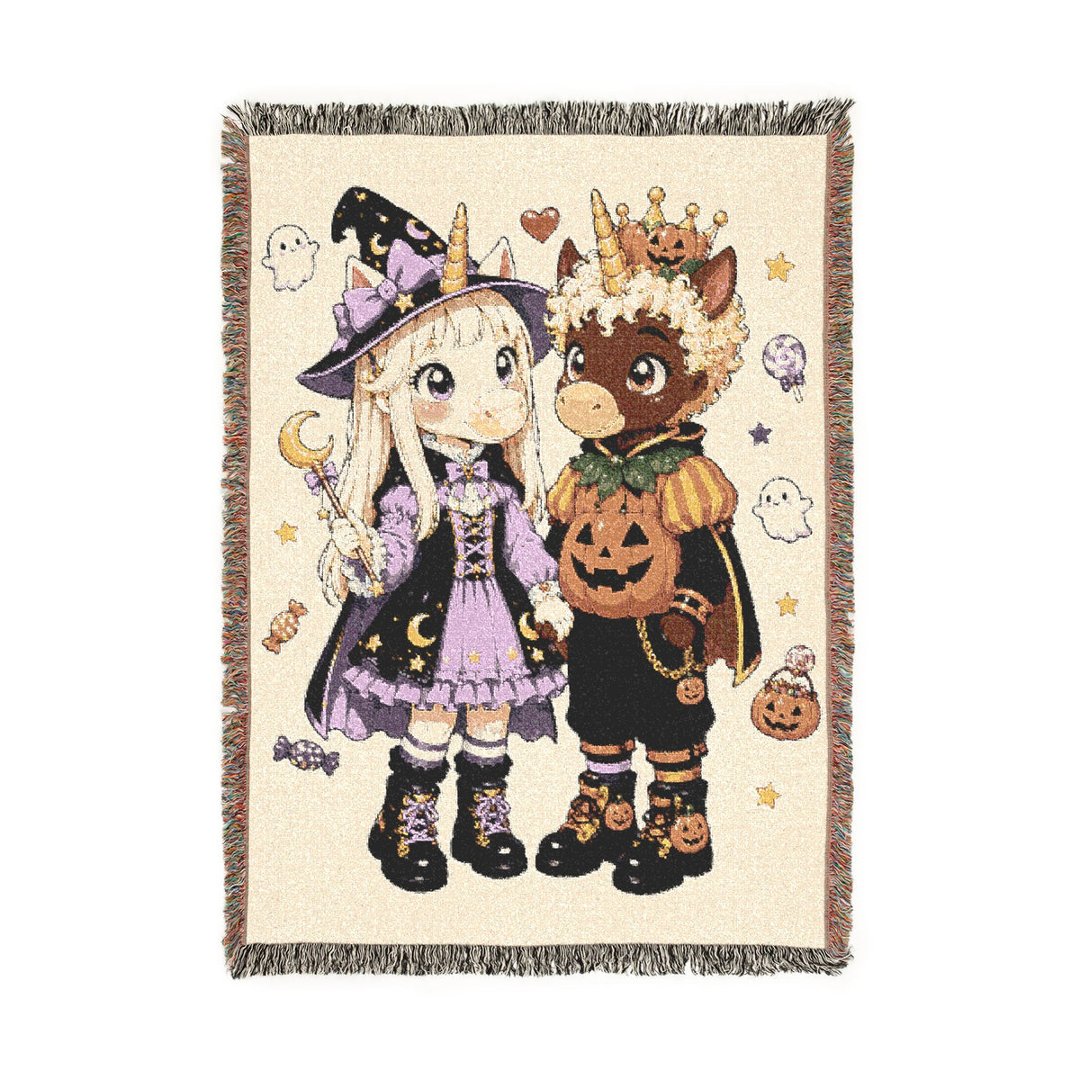 Halloween Couple Woven Blanket, Witch Pumpkin Costume Throw, Spooky Unicorn Decor