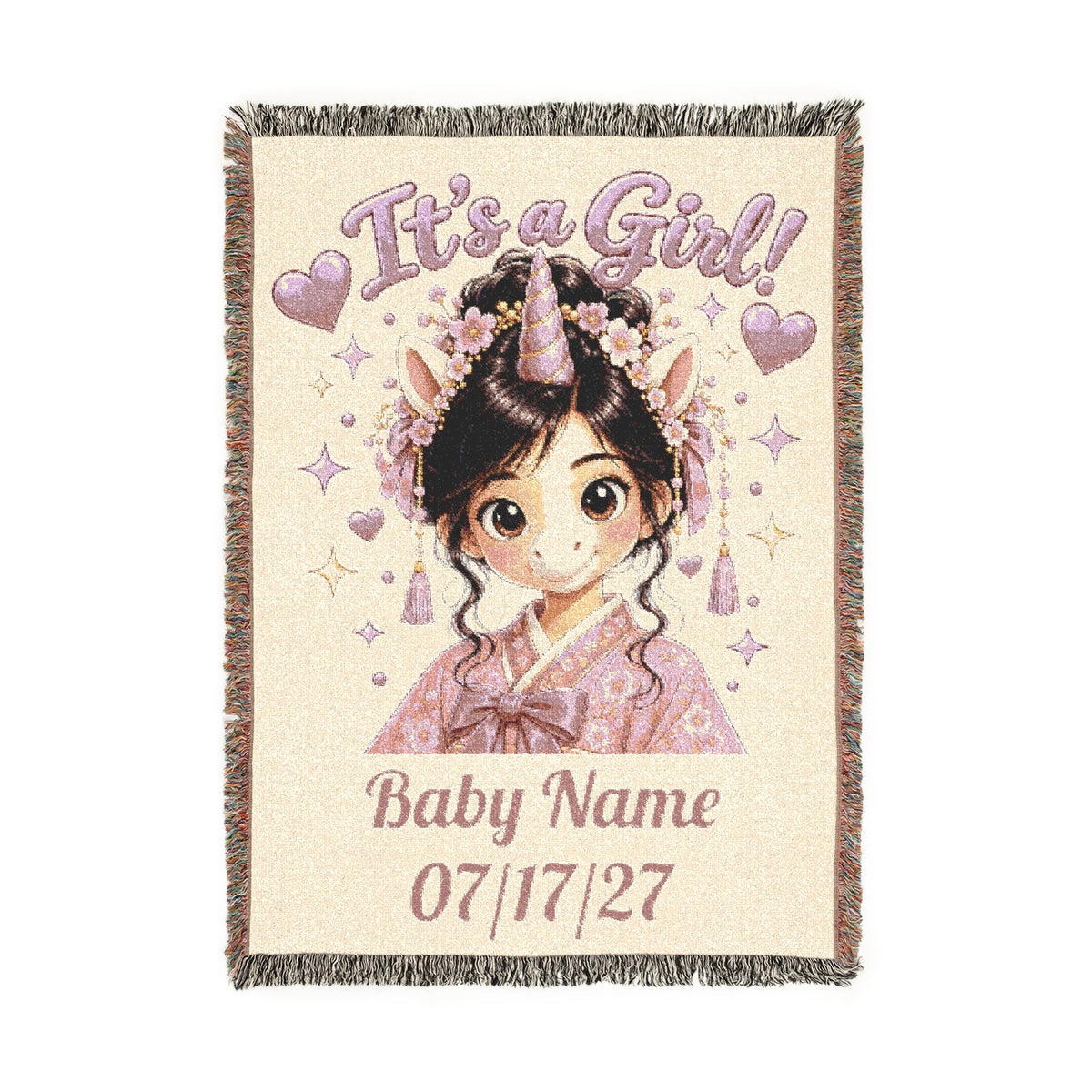 Its a Girl Unicorn Blanket, Personalized Baby Girl Woven Throw, Baby Shower Gift, Newborn Girl Gift, Floral Nursery Keepsake