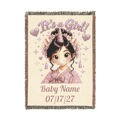 Its a Girl Unicorn Blanket, Personalized Baby Girl Woven Throw, Baby Shower Gift, Newborn Girl Gift, Floral Nursery Keepsake