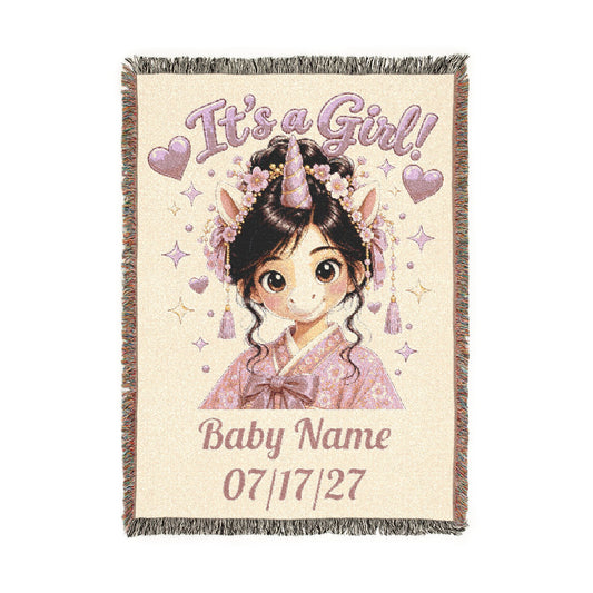 Its a Girl Unicorn Blanket, Personalized Baby Girl Woven Throw, Baby Shower Gift, Newborn Girl Gift, Floral Nursery Keepsake