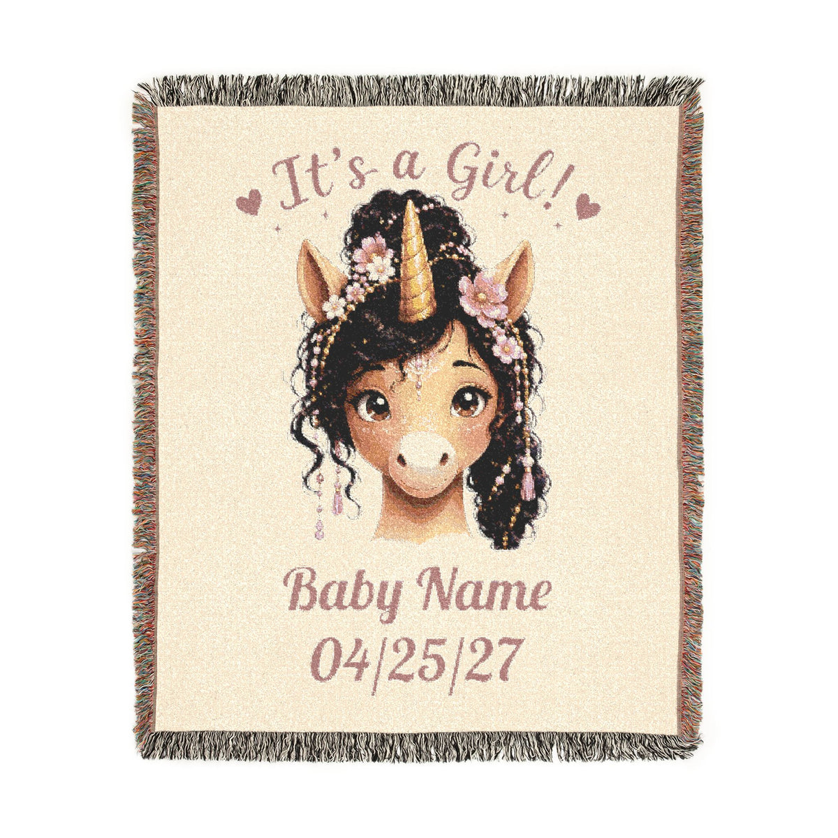 Personalize Name and Date It's a Girl Unicorn Woven Cotton Throw Blanket, Jacquard Tapestry Keepsake