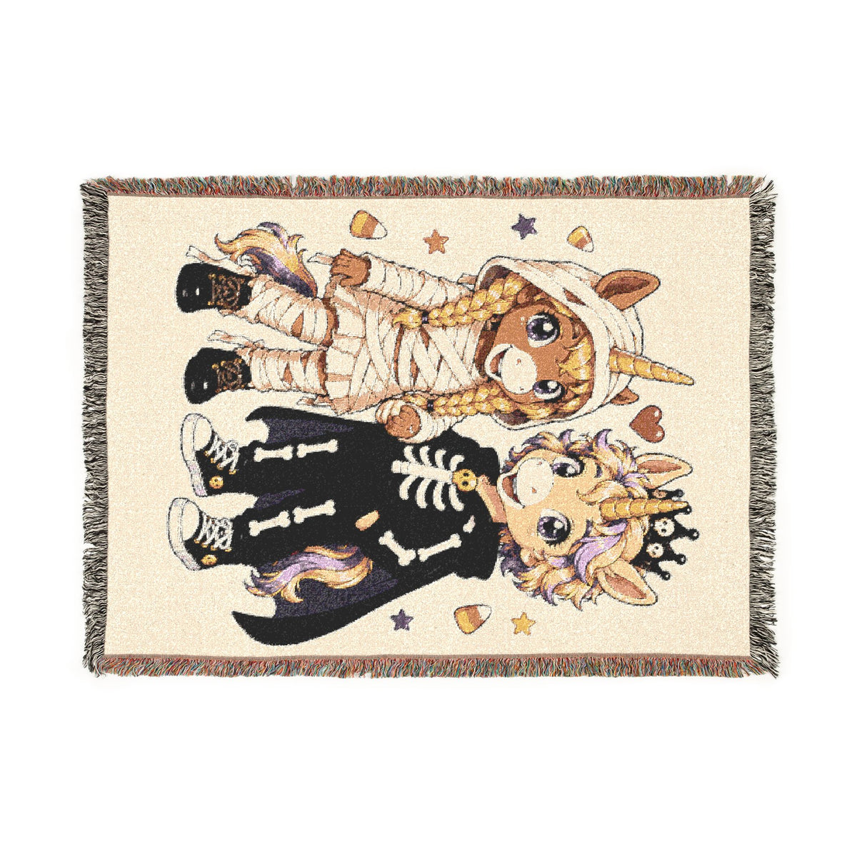 Halloween Unicorn Couple Woven Blanket, Mummy Skeleton Costume Throw, Spooky Autumn Décor