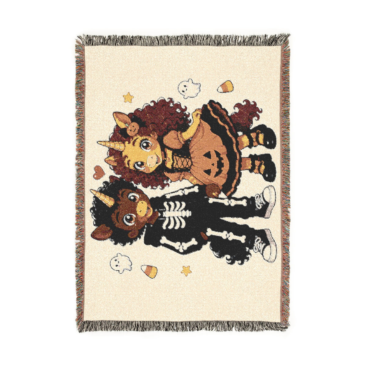 Halloween Unicorn Couple Woven Blanket, Skeleton and Pumpkin Costume Throw, Spooky Cute Fall Décor, Halloween Gift for Couples Keepsake