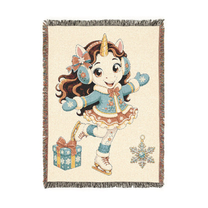 Ice Skating Unicorn Blanket, Personalized Winter Woven Throw, Figure Skater Gift, Christmas Unicorn Gift, Winter Sports Keepsake