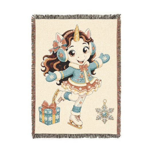 Ice Skating Unicorn Blanket, Personalized Winter Woven Throw, Figure Skater Gift, Christmas Unicorn Gift, Winter Sports Keepsake