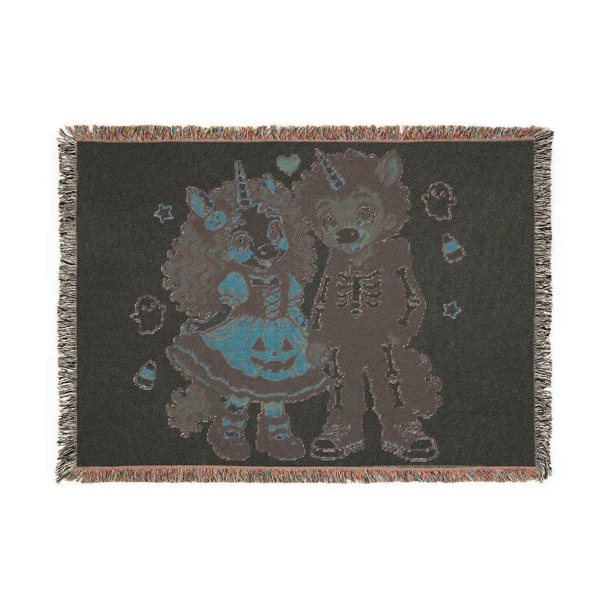 Halloween Unicorn Couple Woven Blanket, Skeleton and Pumpkin Costume Throw, Spooky Cute Fall Décor, Halloween Gift for Couples Keepsake