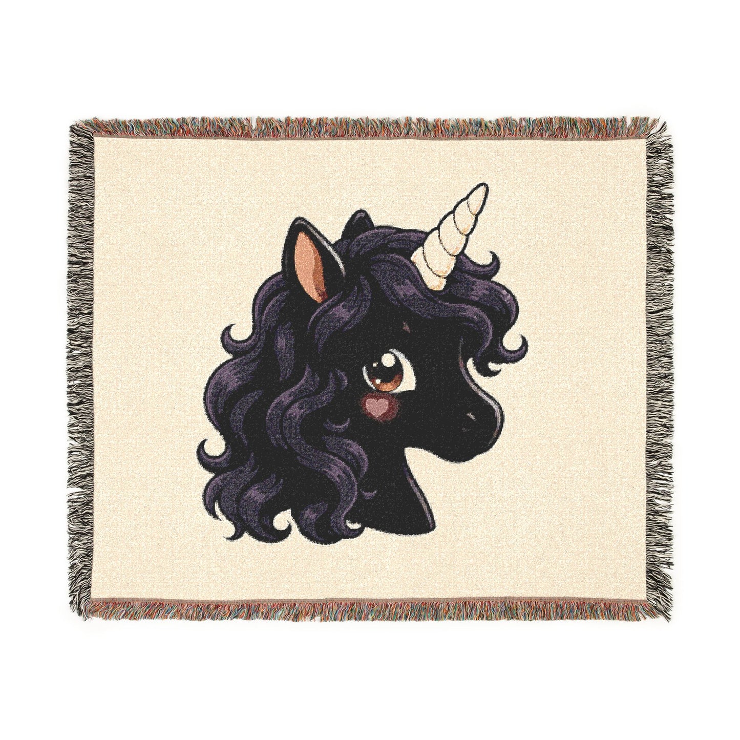 Luna Noir Uncorn 100% Cotton Woven Throw Blanket Original Artwork Heirloom Keepsake Woven Fringe Blanket unicorns4everyone