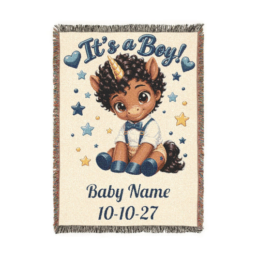 Its a Boy Unicorn Blanket, Personalized Baby Boy Woven Throw, Baby Shower Gift, Newborn Boy Gift, Nursery Keepsake