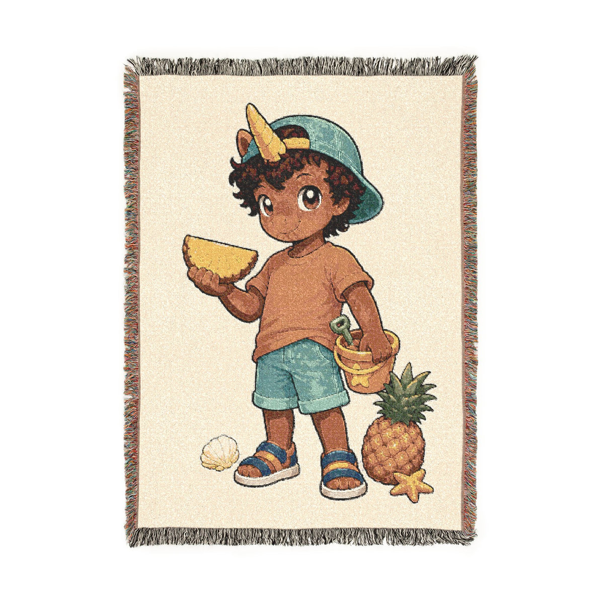 Summer Unicorn Boy Woven Blanket, Beach Day Throw for Kids, Sunshine Vacation Gift, Coastal Boys Room Keepsake