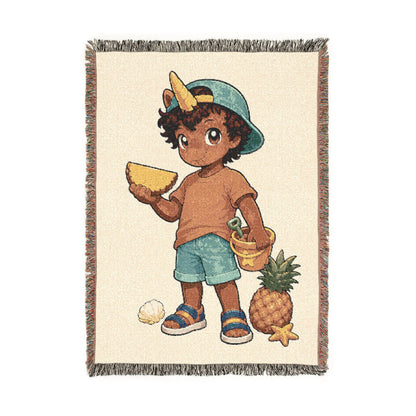 Summer Unicorn Boy Woven Blanket, Beach Day Throw for Kids, Sunshine Vacation Gift, Coastal Boys Room Keepsake
