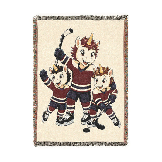 Father and Sons Unicorn Hockey Woven Blanket, Hockey Family Gift, Dad and Boys Sports Throw, Red Navy Team Keepsake