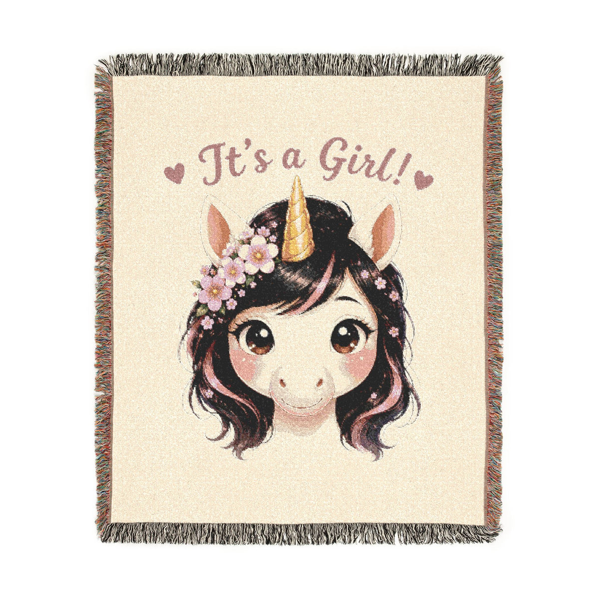 It's A Girl! Unicorn Cotton Throw Blanket, Jacquard Tapestry, Woven USA Heirloom Keepsake