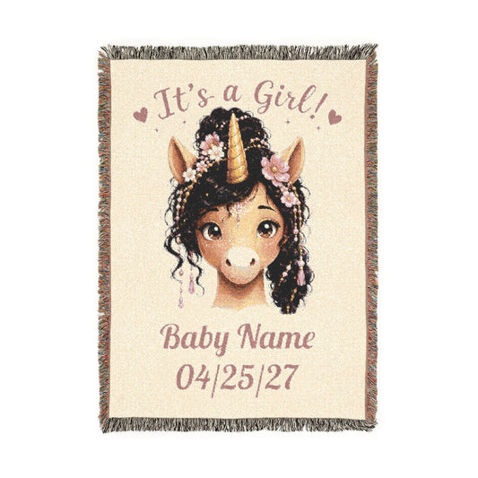 Personalize Name and Date It's a Girl Unicorn Woven Cotton Throw Blanket, Jacquard Tapestry Keepsake