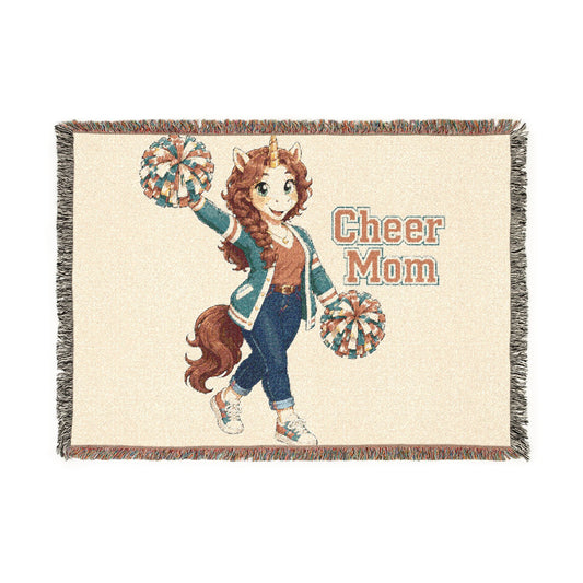 Cheer Squad Mom Unicorn Blanket, School Spirit Woven Throw, Whimsical Gift keepsake