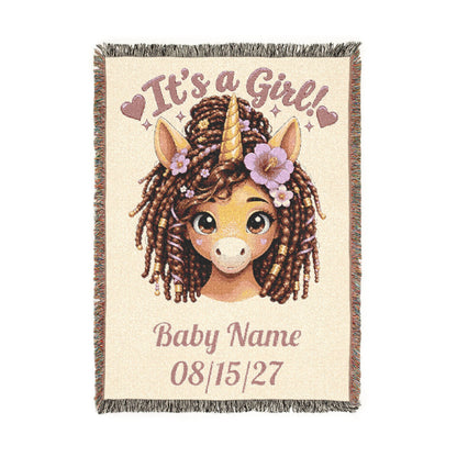 Baby Girl Unicorn Blanket, Personalized Woven Throw, Baby Shower Gift, Newborn Girl Gift, Nursery Keepsake