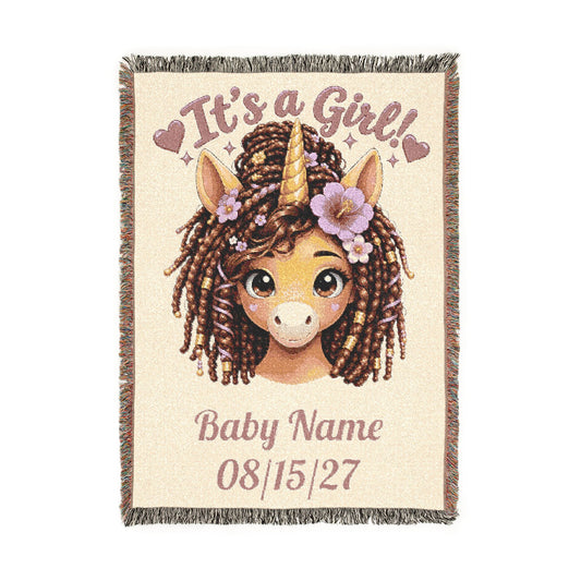 Baby Girl Unicorn Blanket, Personalized Woven Throw, Baby Shower Gift, Newborn Girl Gift, Nursery Keepsake