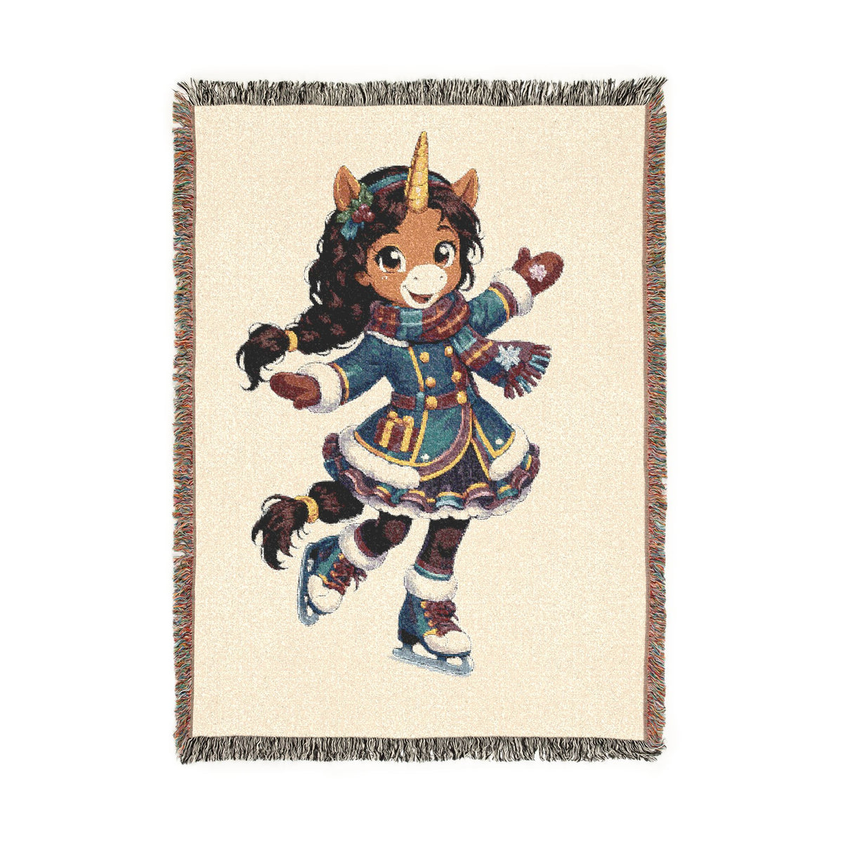 Winter Unicorn Ice Skater Woven Cotton Throw Blanket Holiday Figure Skating Gift for Her USA Jacquard Keepsake