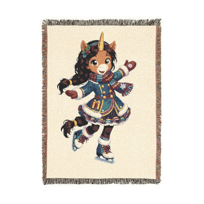 Winter Unicorn Ice Skater Woven Cotton Throw Blanket Holiday Figure Skating Gift for Her USA Jacquard Keepsake
