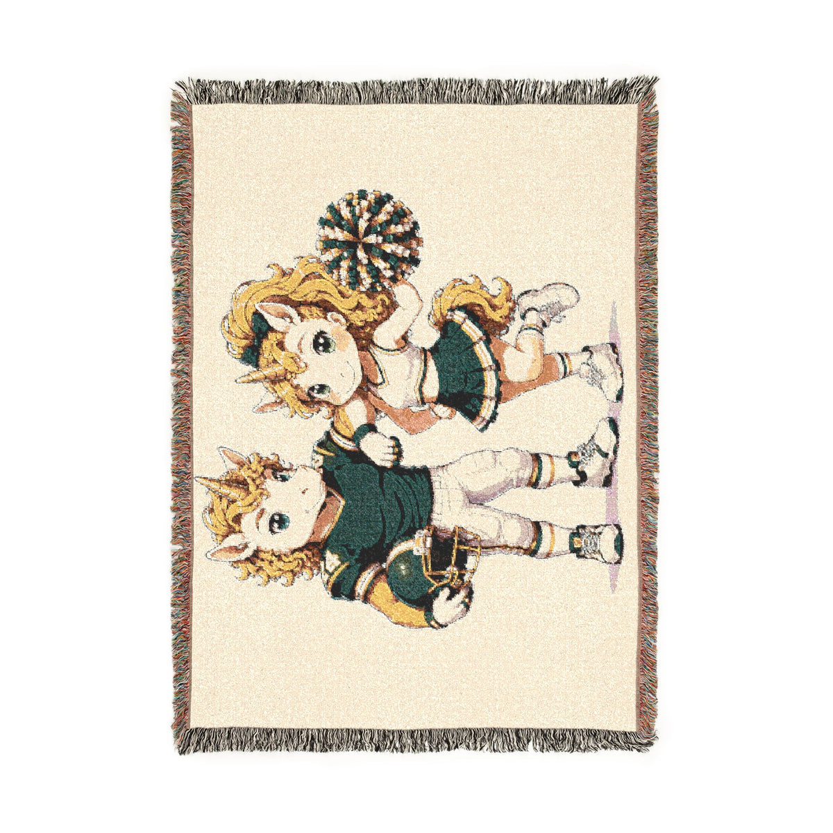 Football Player and Cheerleader Unicorn Woven Blanket, Green Gold Sports Couple, Football Cheer Blanket, Senior Night Gift, Game Day Throw