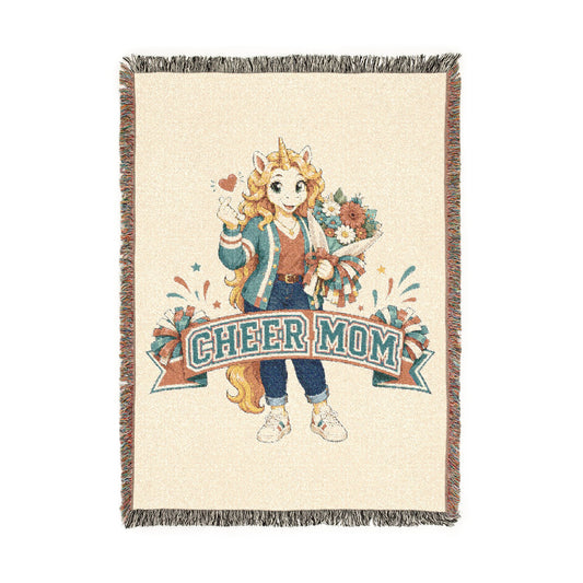 Cheer Mom Unicorn Blanket, Team School Spirit Woven Throw, Whimsical Gift keepsake