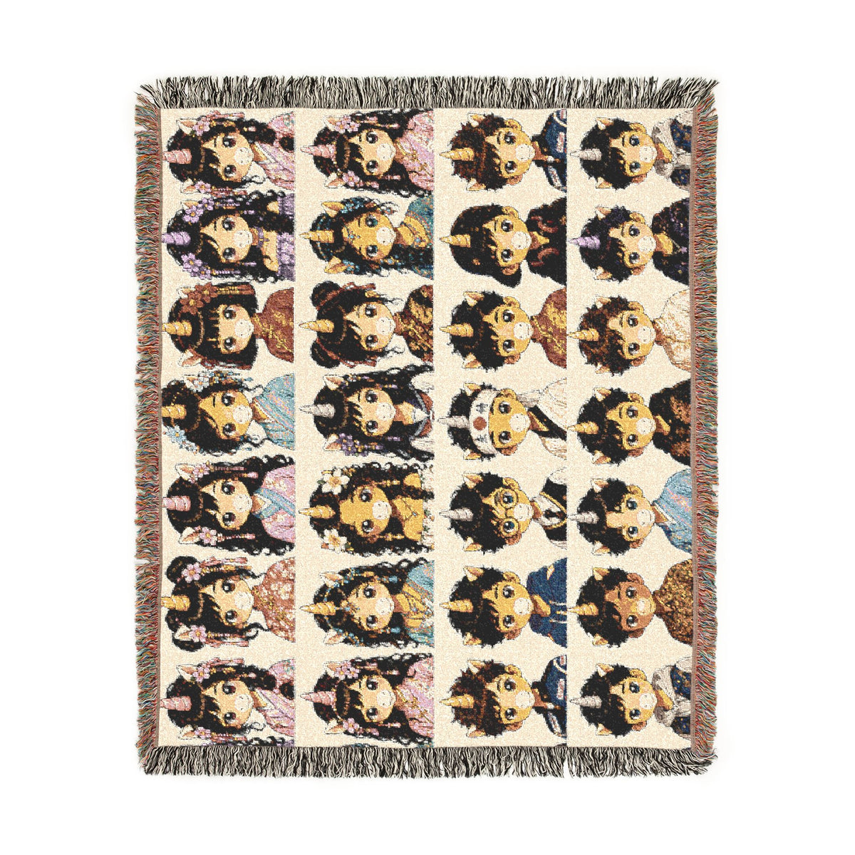 Woven Cotton Throw Blanket: world travelers East Asian Unicorn Characters, Jacquard Tapestry, USA Made