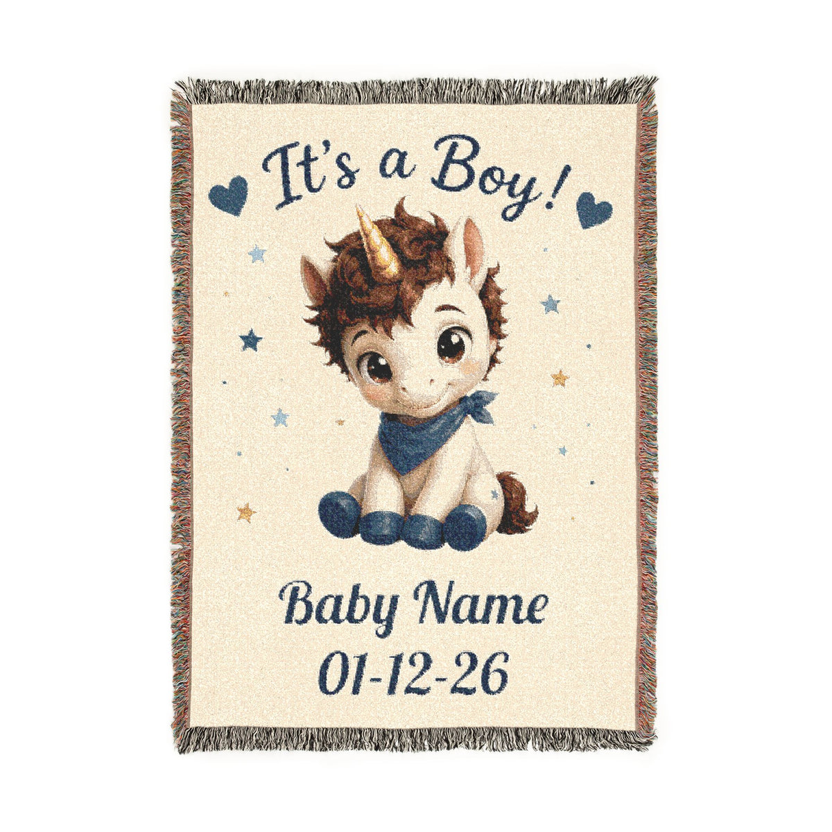 It's a Boy Personalize Name Date Unicorn Cotton Throw Blanket, Jacquard Tapestry Keepsake