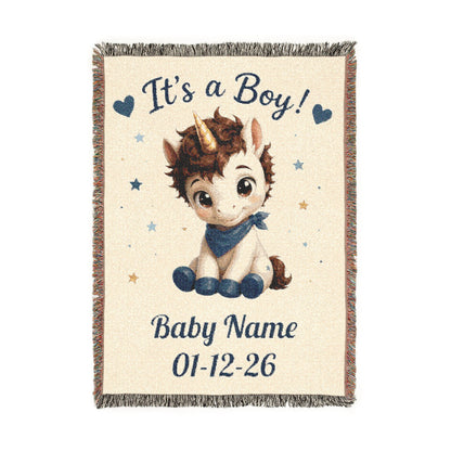It's a Boy Personalize Name Date Unicorn Cotton Throw Blanket, Jacquard Tapestry Keepsake