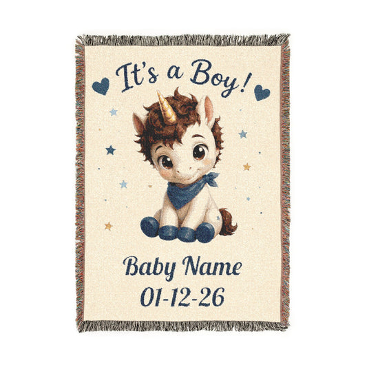 It's a Boy Personalize Name Date Unicorn Cotton Throw Blanket, Jacquard Tapestry Keepsake