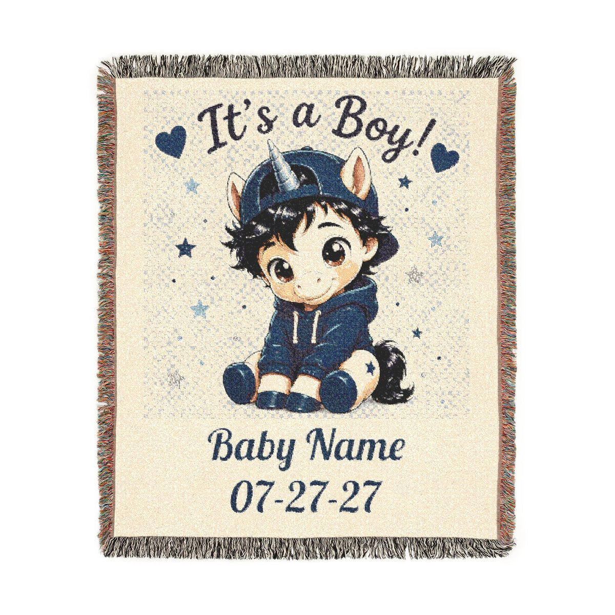 t's a Boy Keepsake Personalize Name Date Unicorn Cotton Throw Blanket, Jacquard Tapestry heirloom Quality