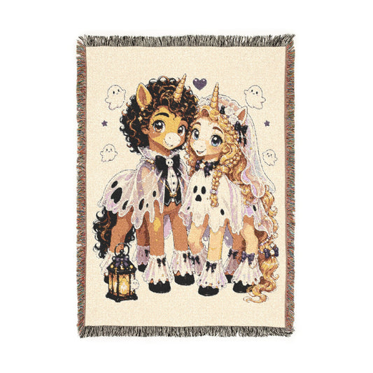 Halloween Unicorn Wedding Woven Blanket, Ghost Bride and Groom Throw, Spooky Couple Gift, Gothic Wedding Keepsake