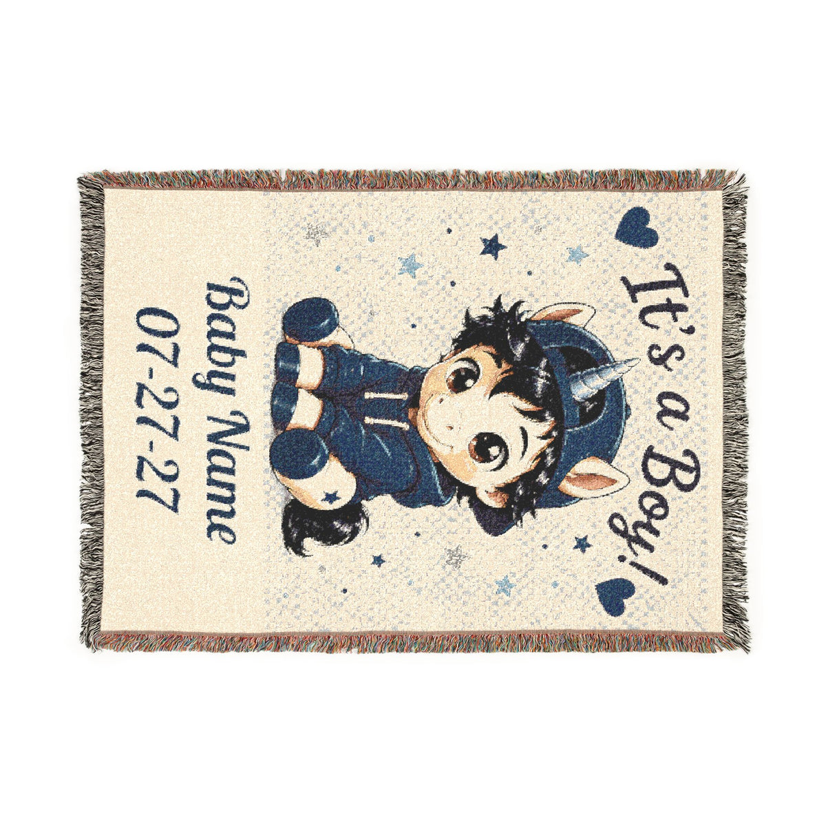 t's a Boy Keepsake Personalize Name Date Unicorn Cotton Throw Blanket, Jacquard Tapestry heirloom Quality