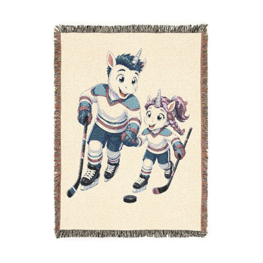 Hockey Dad and Daughter Unicorn Woven Blanket, Personalized Hockey Family Gift, Father Daughter Hockey Blanket, Sports Throw