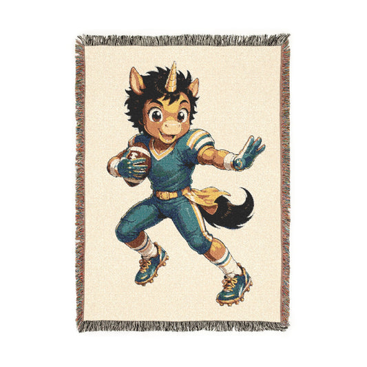 Football Player Unicorn Woven Blanket, Teal Gold Football, Personalized Football Blanket, Game Day Sports Throw, Football Senior Gift