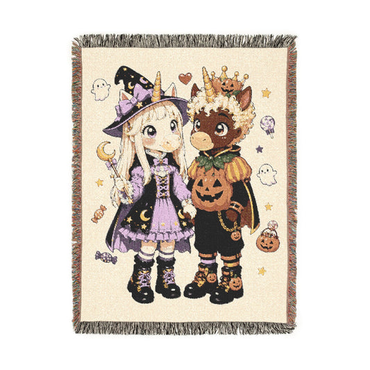 Halloween Couple Woven Blanket, Witch Pumpkin Costume Throw, Spooky Unicorn Decor