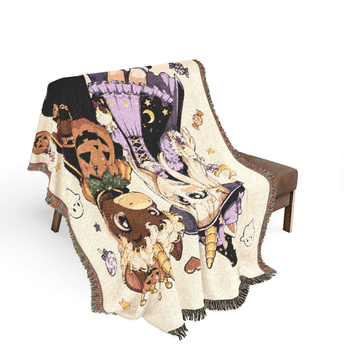 Halloween Couple Woven Blanket, Witch Pumpkin Costume Throw, Spooky Unicorn Decor
