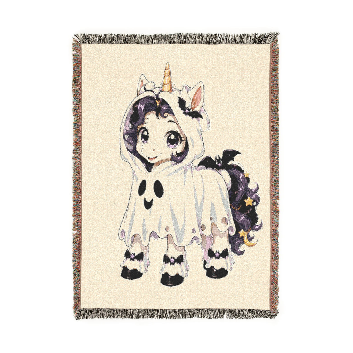 Halloween Unicorn Blanket, Cute Ghost Unicorn Woven Throw, Purple Black Spooky Unicorn Decor, Whimsical Halloween Gift for Kids