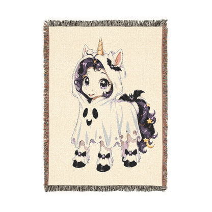 Halloween Unicorn Blanket, Cute Ghost Unicorn Woven Throw, Purple Black Spooky Unicorn Decor, Whimsical Halloween Gift for Kids