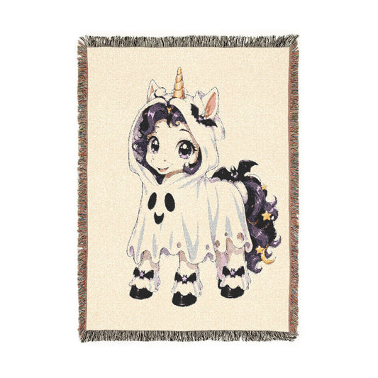 Halloween Unicorn Blanket, Cute Ghost Unicorn Woven Throw, Purple Black Spooky Unicorn Decor, Whimsical Halloween Gift for Kids