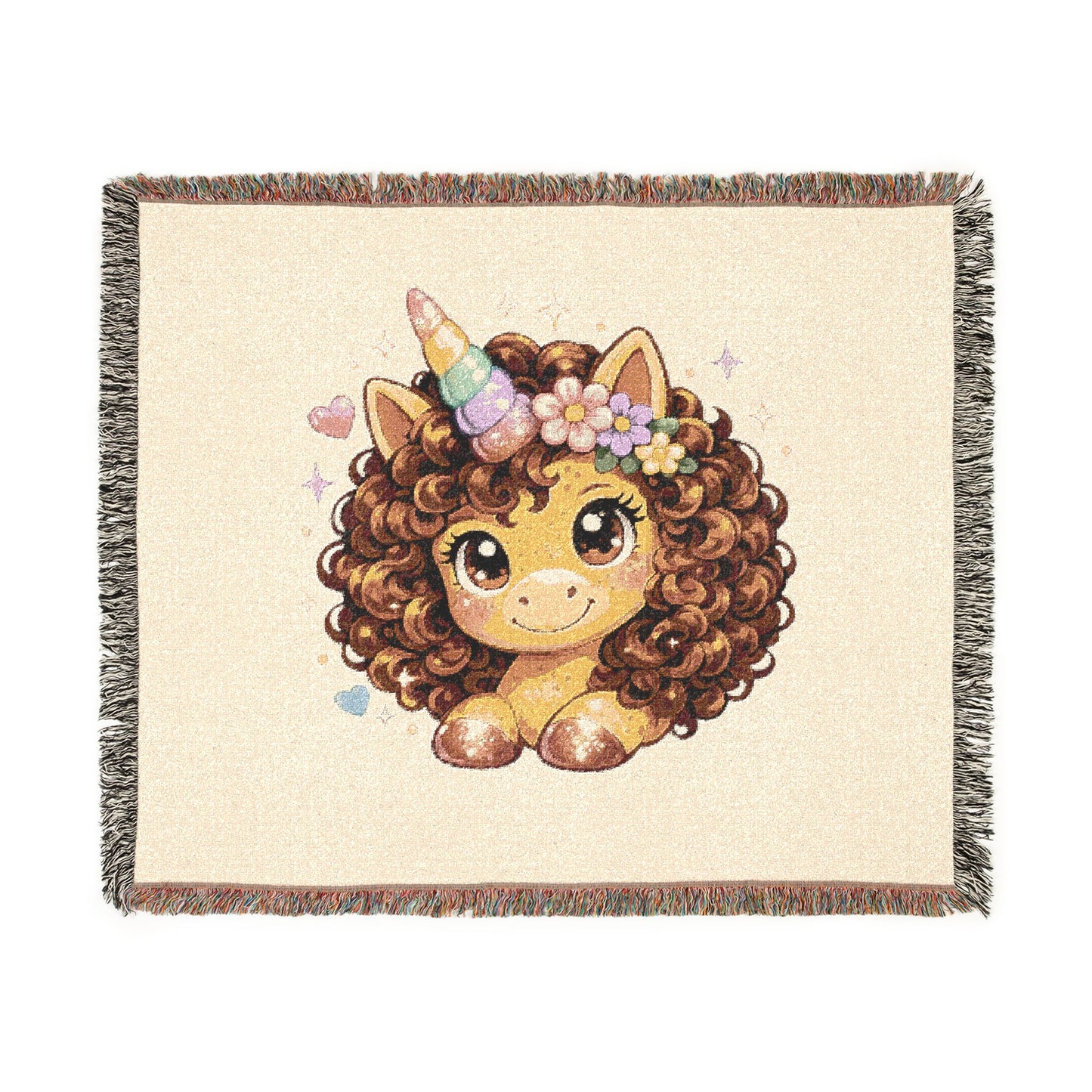 Curly Freckles Crystal Unicorn 100% Cotton Woven Throw Blanket Original Artwork Heirloom Keepsake Woven Fringe Blanket