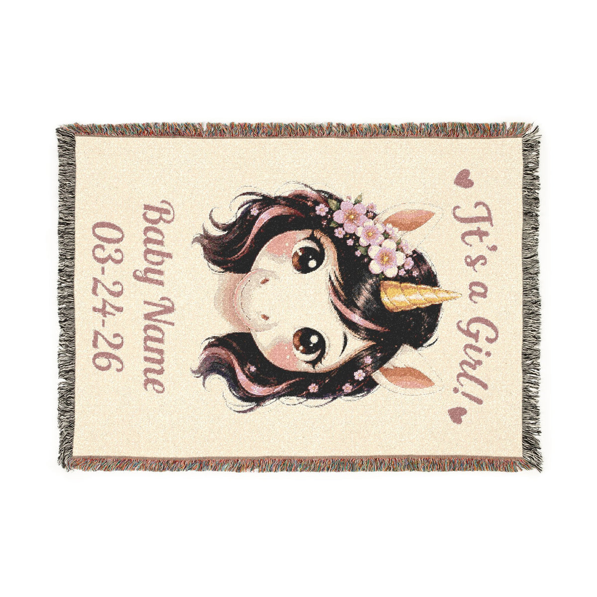 It's A Girl Personalize Name Date Unicorn Cotton Throw Blanket Jacquard Tapestry Woven USA Heirloom Keepsake