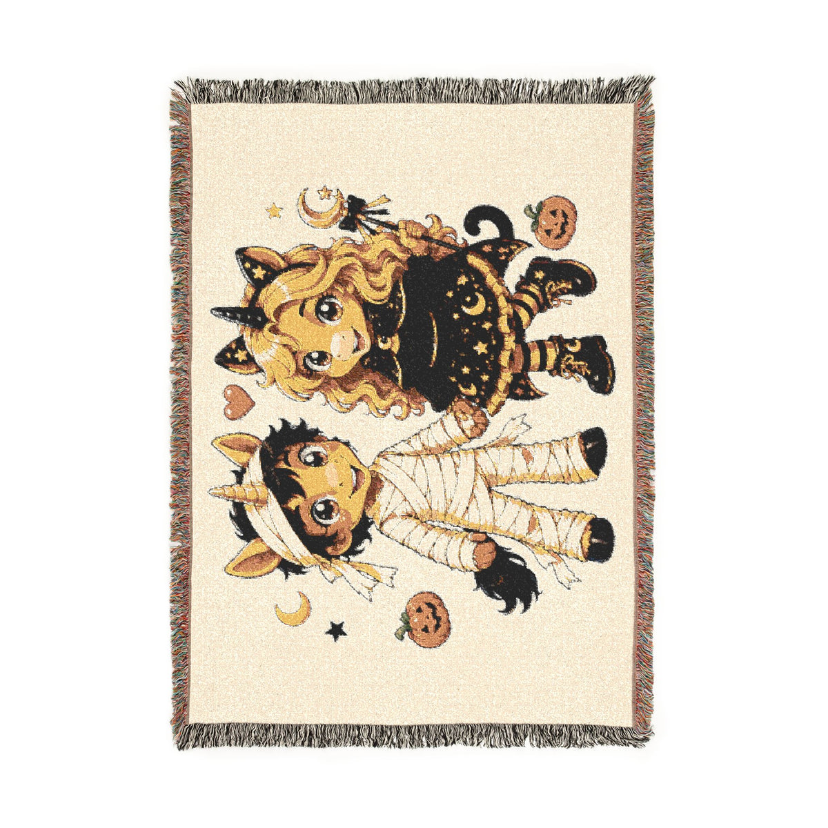 Halloween Unicorn Couple Woven Blanket, Mummy and Moon Witch Throw, Spooky Cute Fall Décor, Halloween Gift for Couples