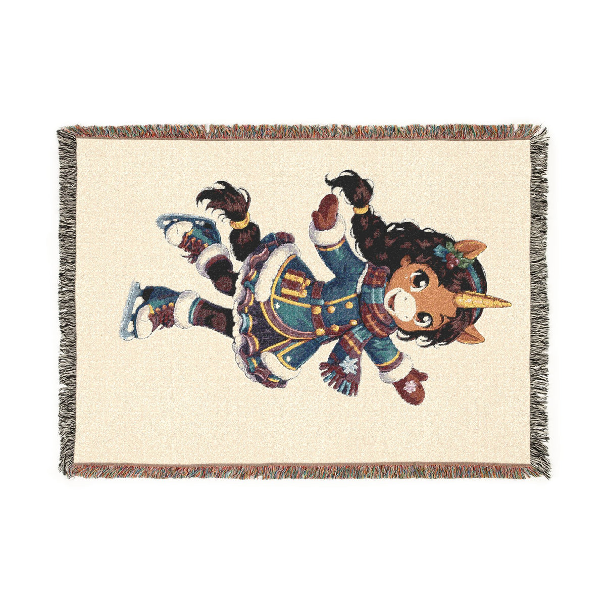 Winter Unicorn Ice Skater Woven Cotton Throw Blanket Holiday Figure Skating Gift for Her USA Jacquard Keepsake