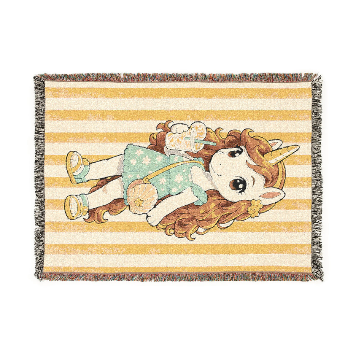 Summer Unicorn Girl Woven Blanket, Lemonade Beach Throw, Golden Hour Coastal Décor, End of Summer Gift for Girls